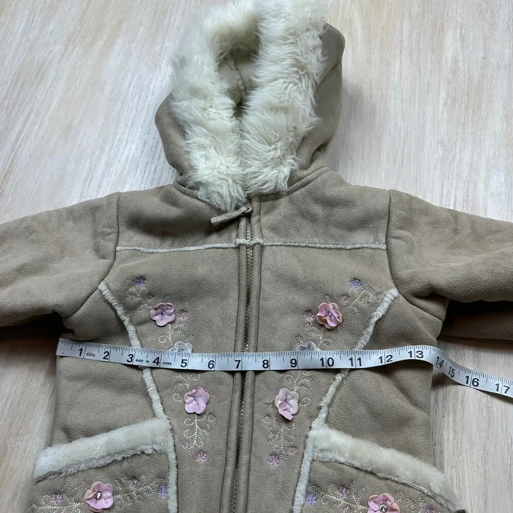 Arizona Jean Co Girls Tan Faux Suede Sherpa Embroidered Y2K Hooded Winter Coat 4